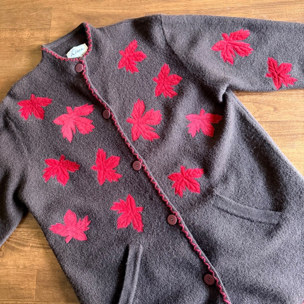 Linea by Louis Dell'Olio Wool Cardigan Coat Brown Red Maple Leaf Applique Large